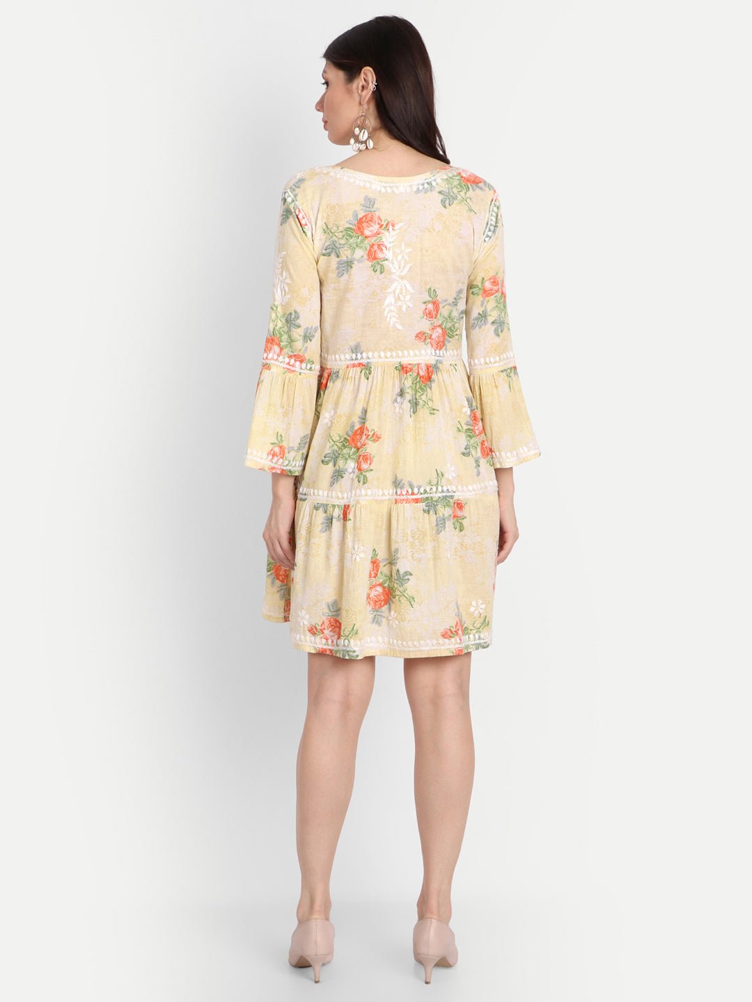 Lucknow Chikankari Hand Embroidered Tiered Kurti Mulmul Cotton - Indiankala4u