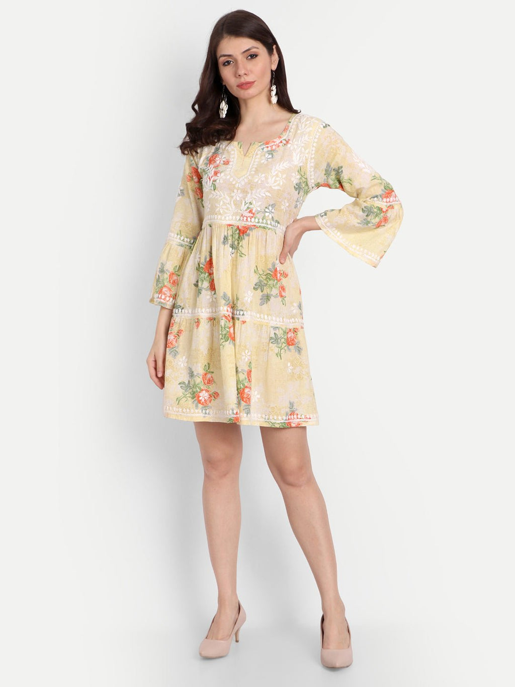 Lucknow Chikankari Hand Embroidered Tiered Kurti Mulmul Cotton - Indiankala4u