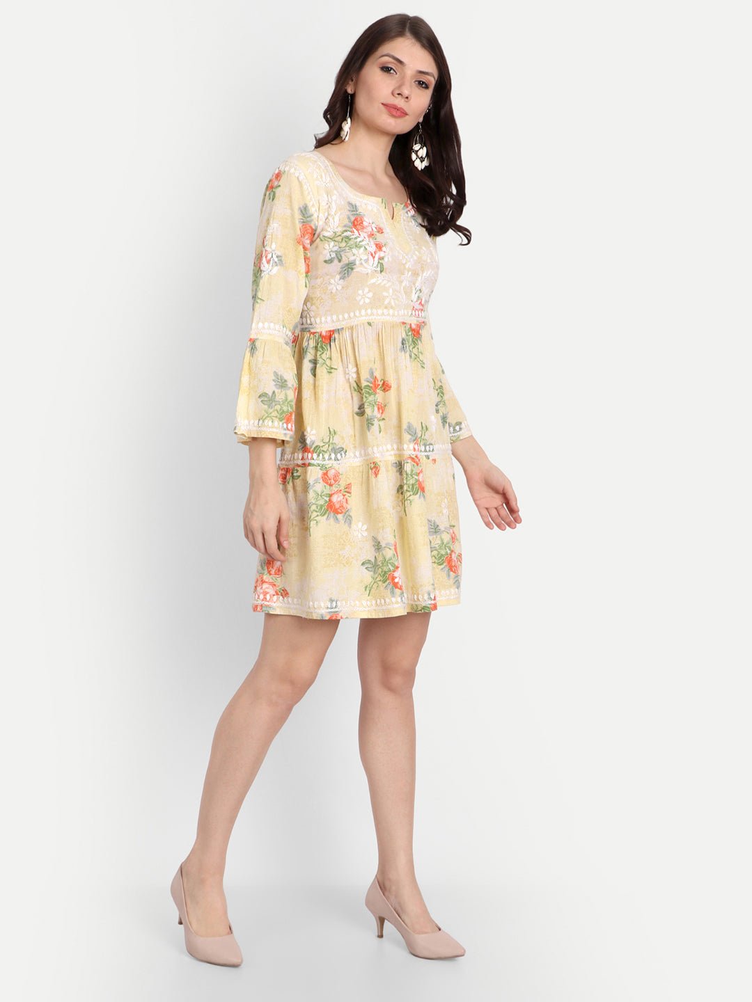 Lucknow Chikankari Hand Embroidered Tiered Kurti Mulmul Cotton - Indiankala4u