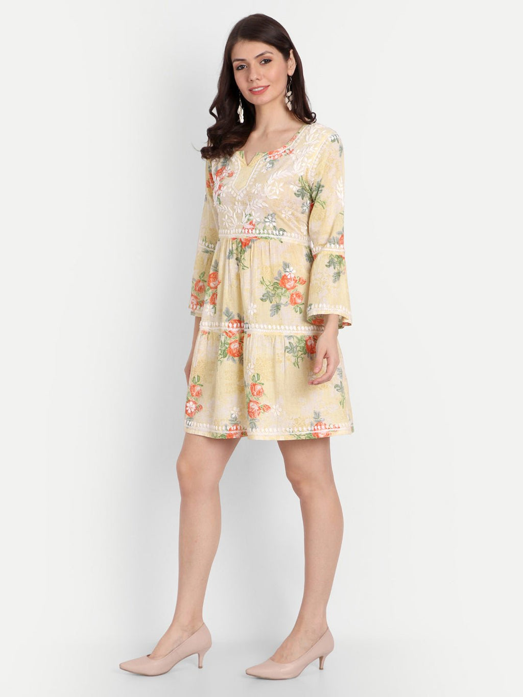 Lucknow Chikankari Hand Embroidered Tiered Kurti Mulmul Cotton - Indiankala4u