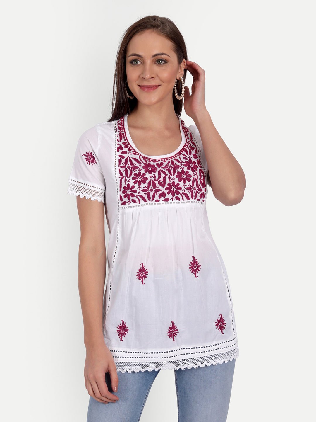 Lucknow Chikankari Hand Embroidered Top - Indiankala4u