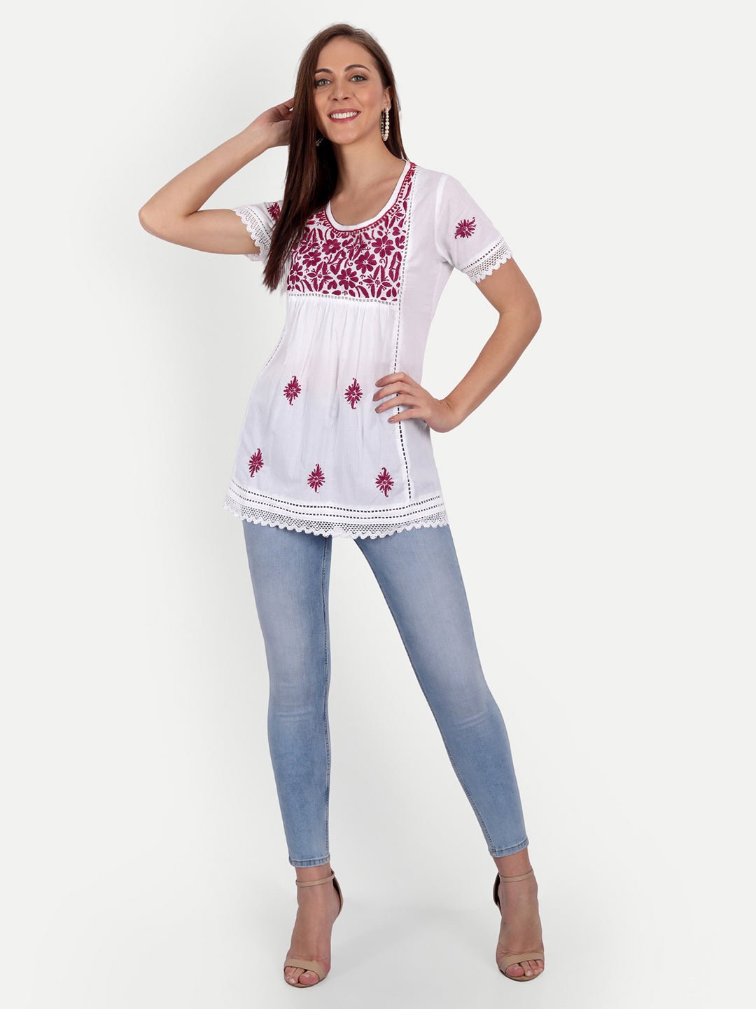Lucknow Chikankari Hand Embroidered Top - Indiankala4u
