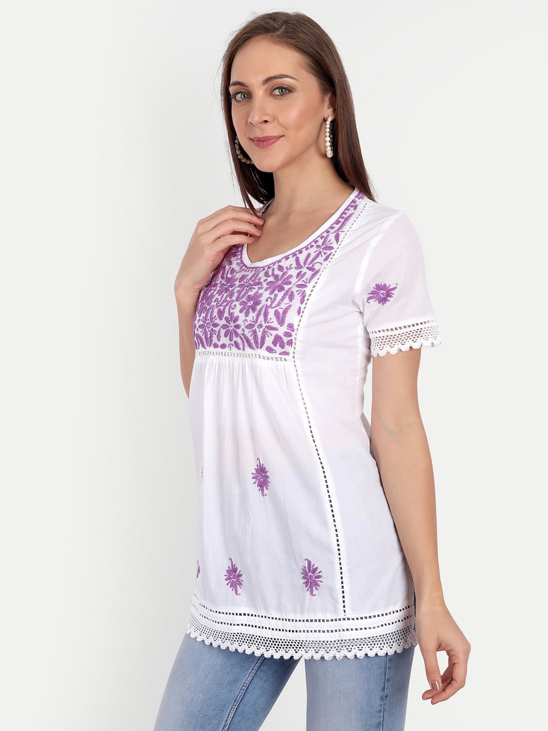 Lucknow Chikankari Hand Embroidered Top - Indiankala4u