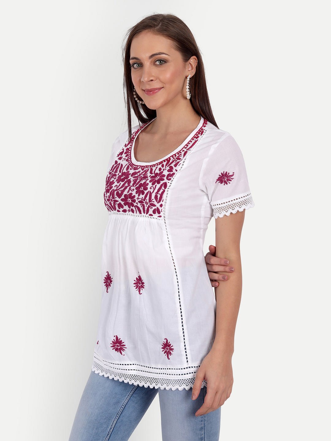 Lucknow Chikankari Hand Embroidered Top - Indiankala4u