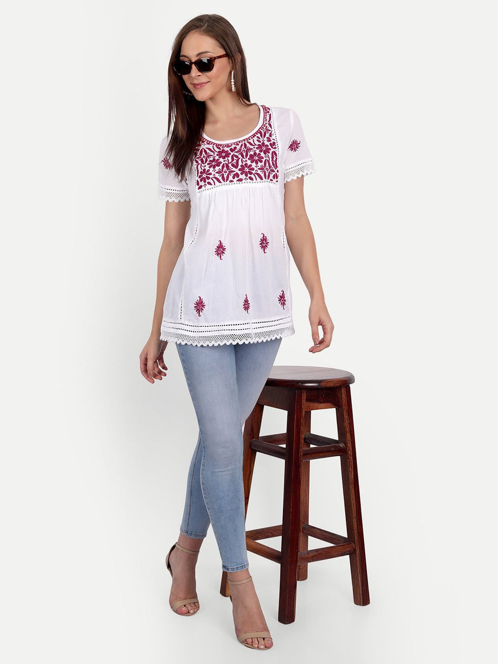 Lucknow Chikankari Hand Embroidered Top - Indiankala4u