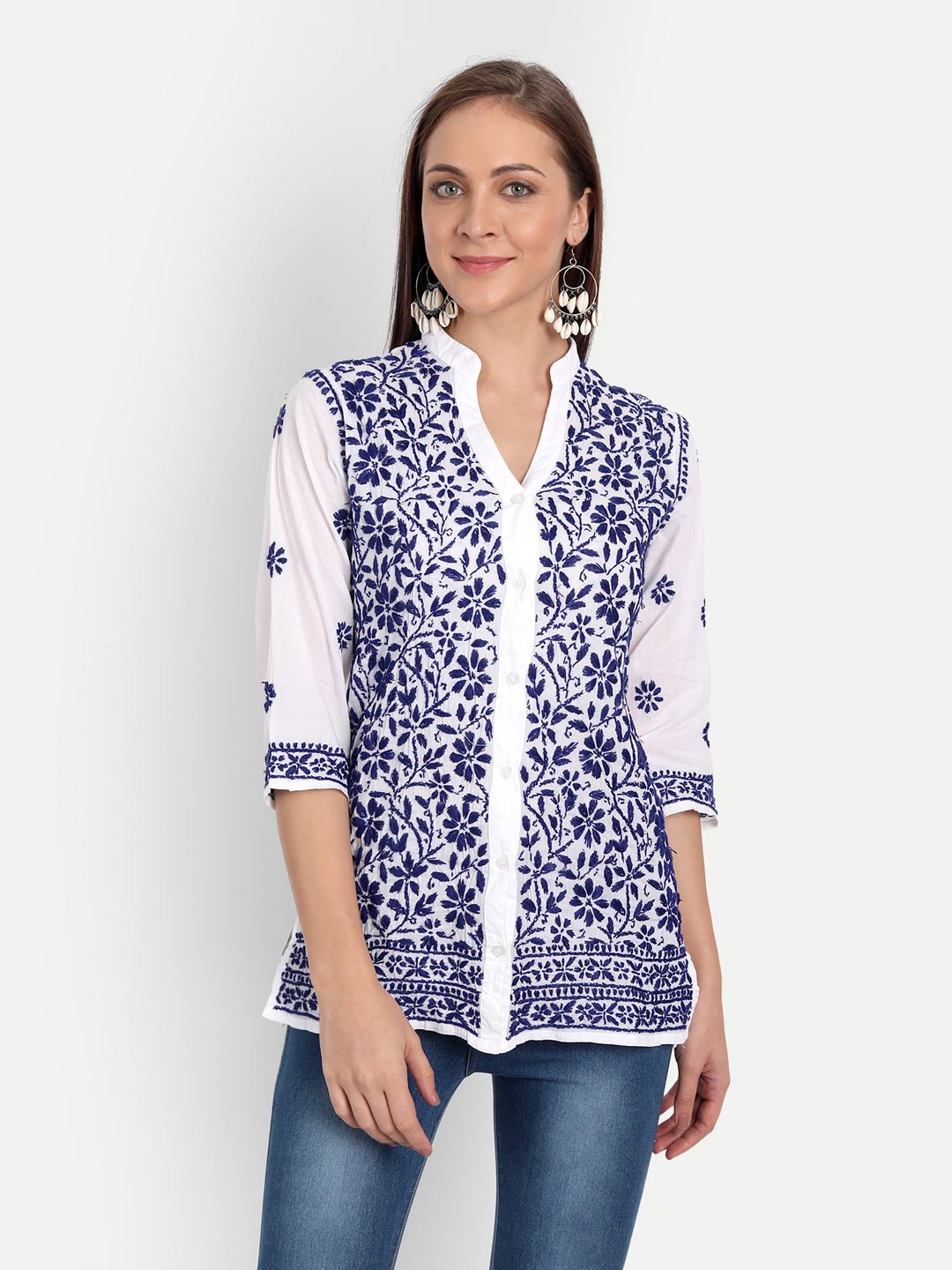 Lucknow Chikankari Hand Embroidered Top Cotton - Indiankala4u