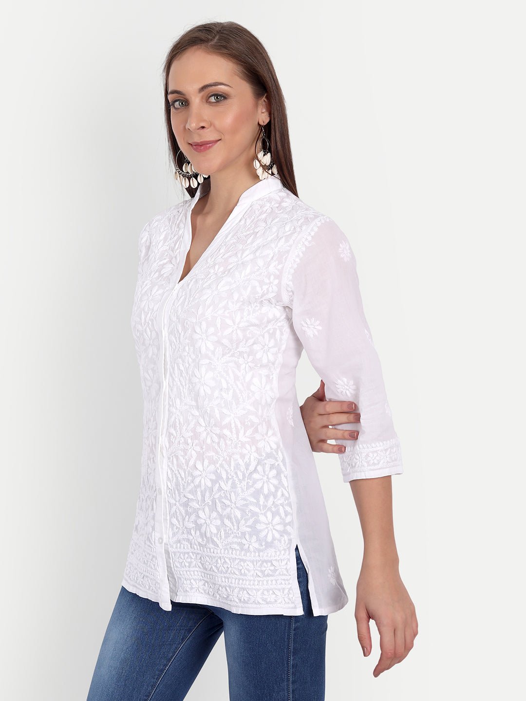 Lucknow Chikankari Hand Embroidered Top Cotton - Indiankala4u