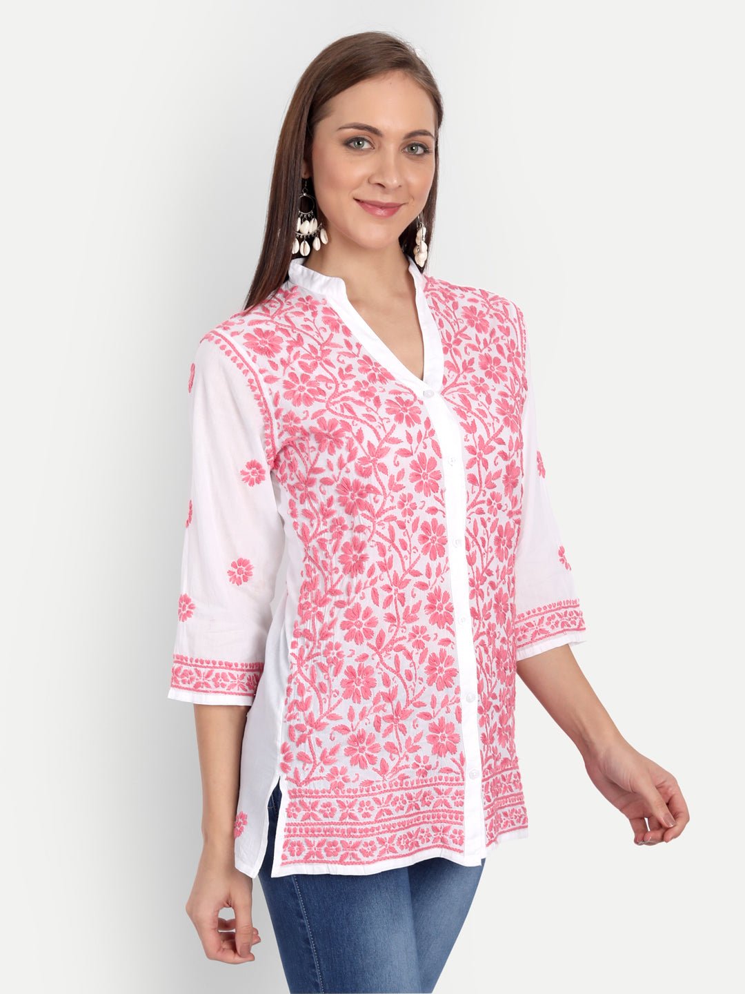 Lucknow Chikankari Hand Embroidered Top Cotton - Indiankala4u