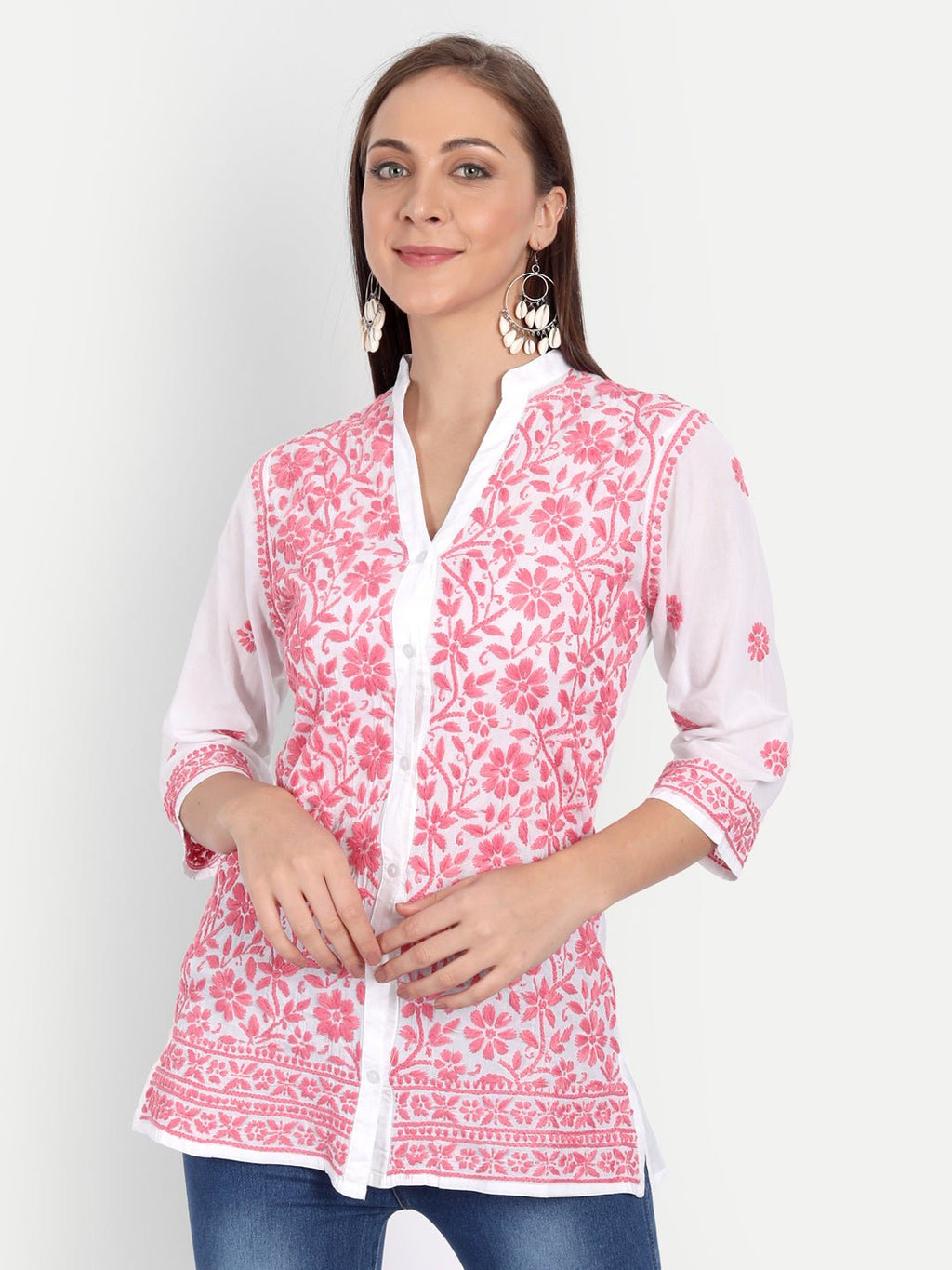 Lucknow Chikankari Hand Embroidered Top Cotton - Indiankala4u