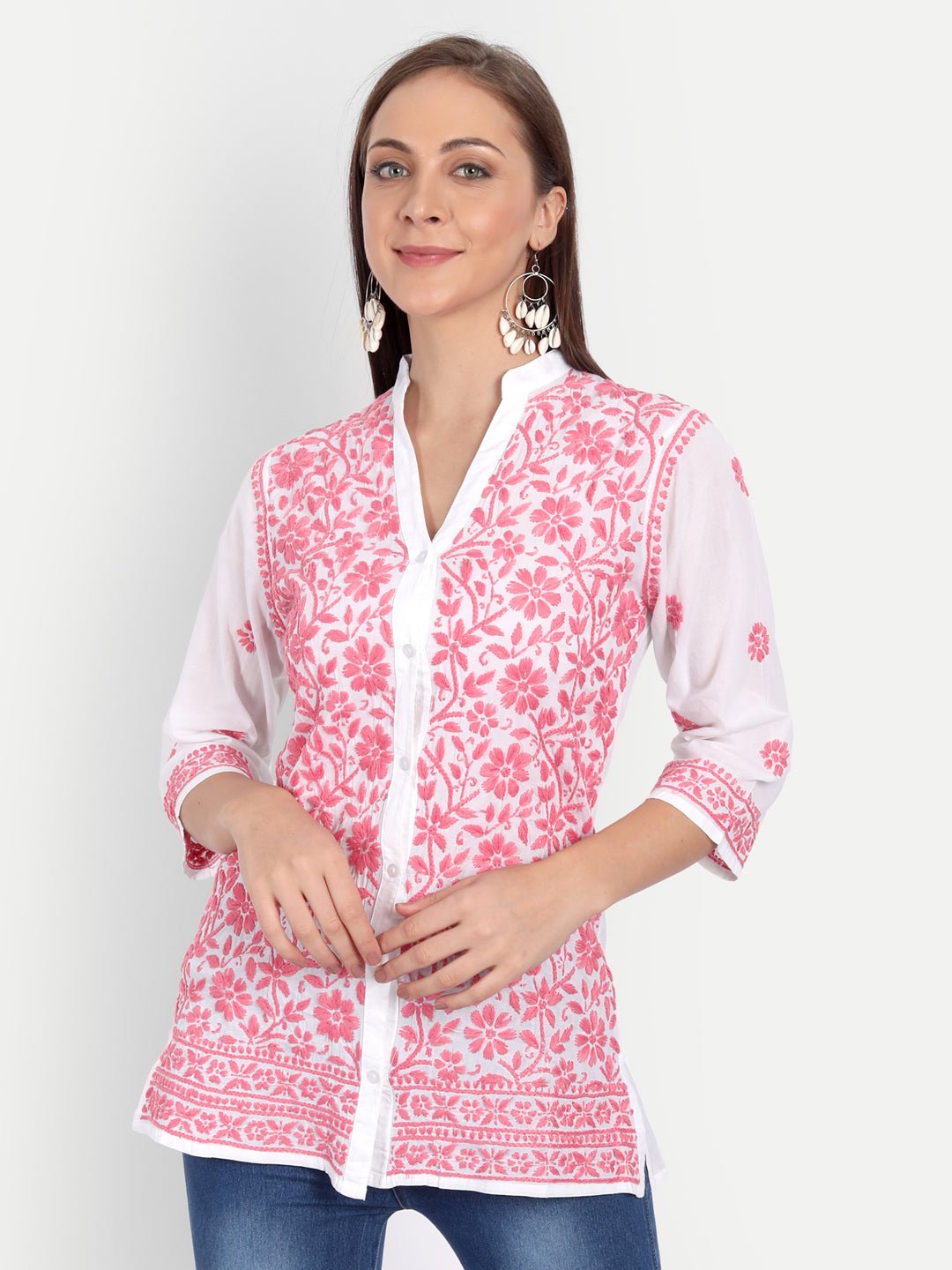 Lucknow Chikankari Hand Embroidered Top Cotton - Indiankala4u