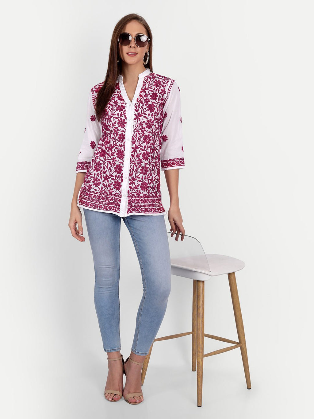 Lucknow Chikankari Hand Embroidered Top Cotton - Indiankala4u