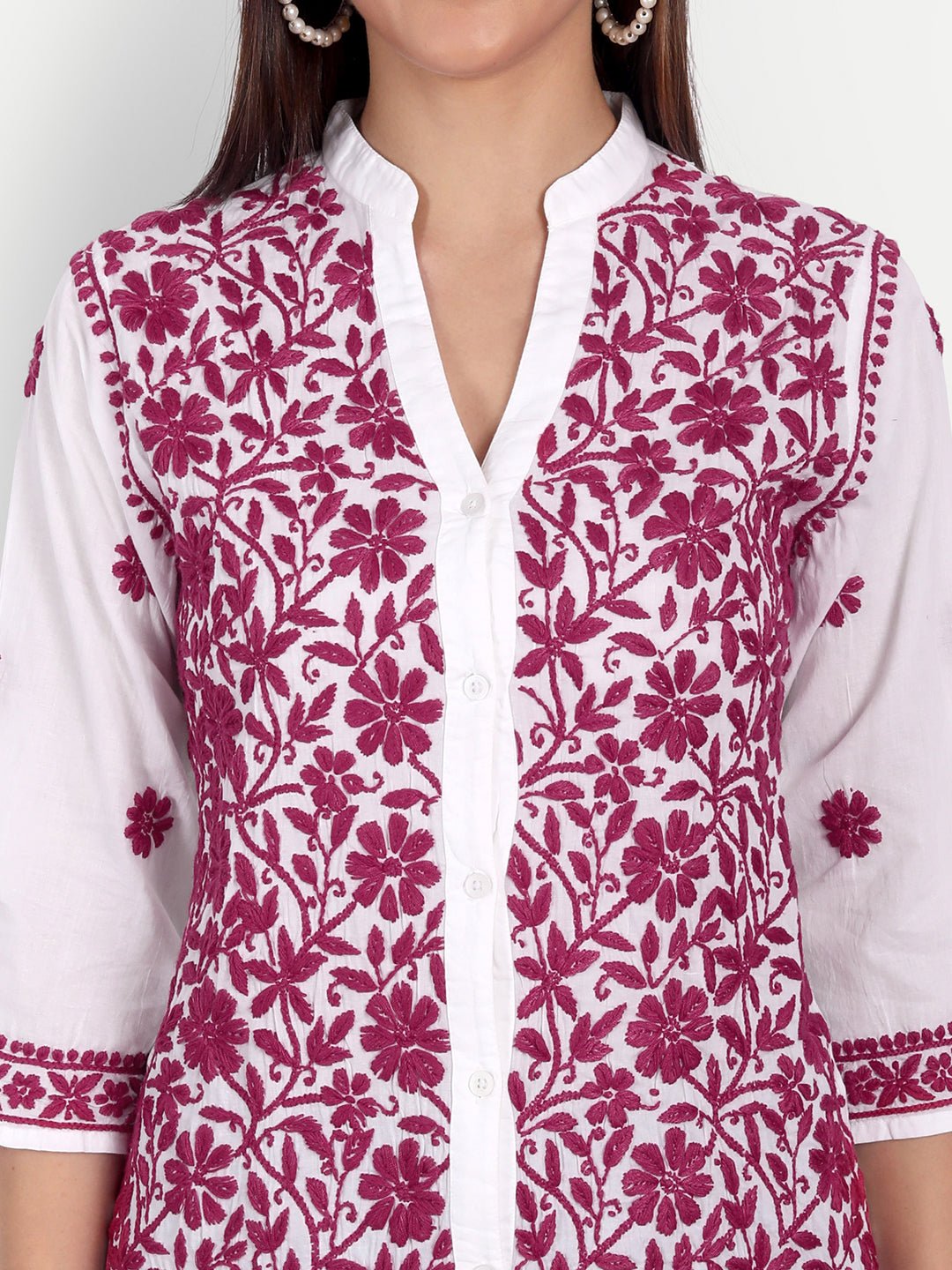 Lucknow Chikankari Hand Embroidered Top Cotton - Indiankala4u