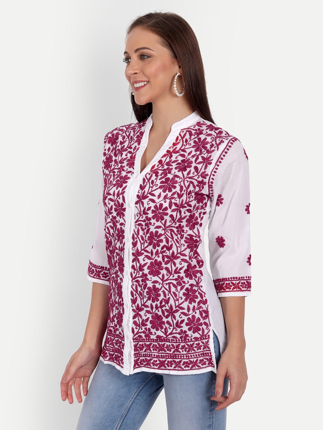 Lucknow Chikankari Hand Embroidered Top Cotton - Indiankala4u