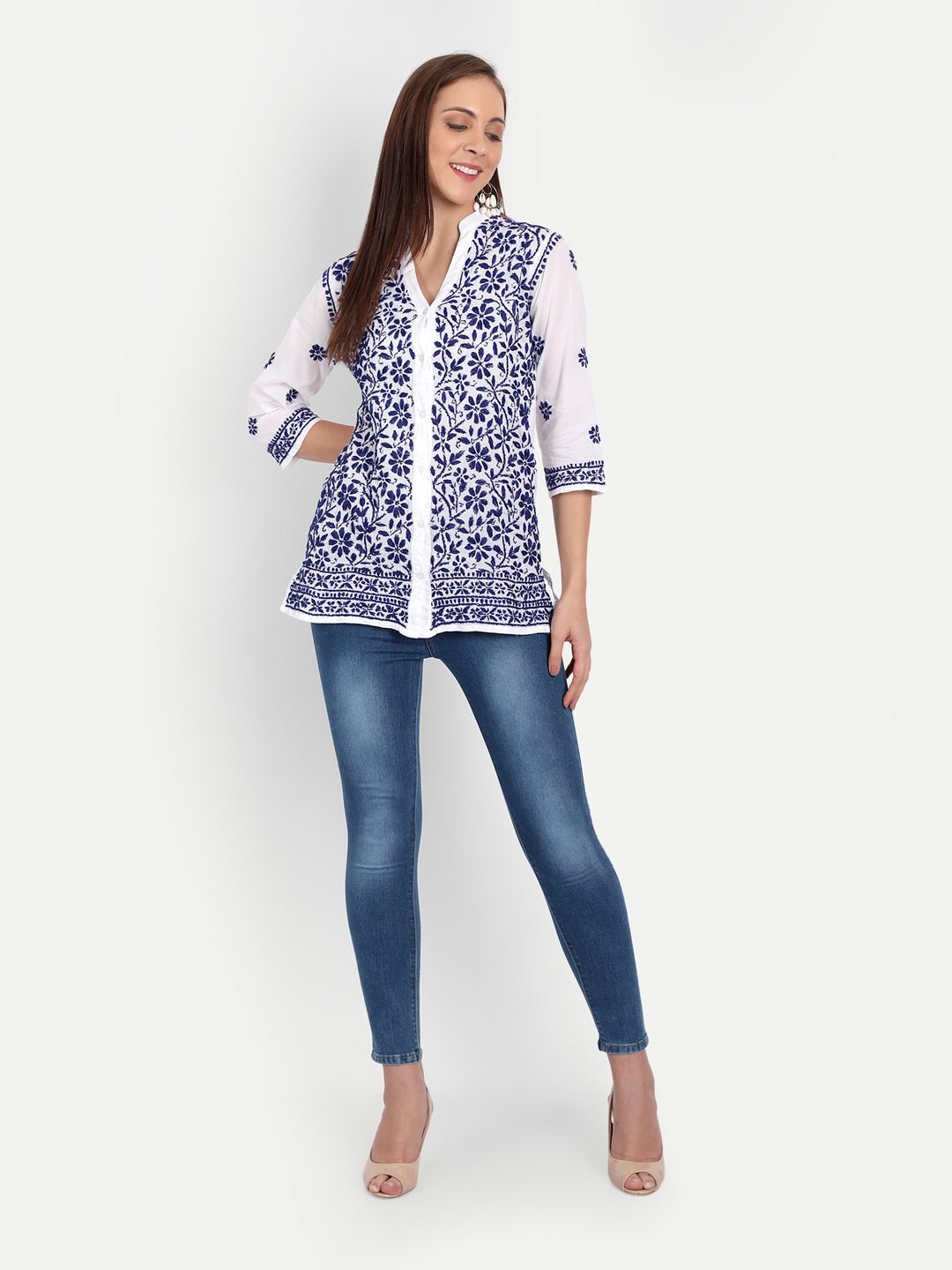 Lucknow Chikankari Hand Embroidered Top Cotton - Indiankala4u