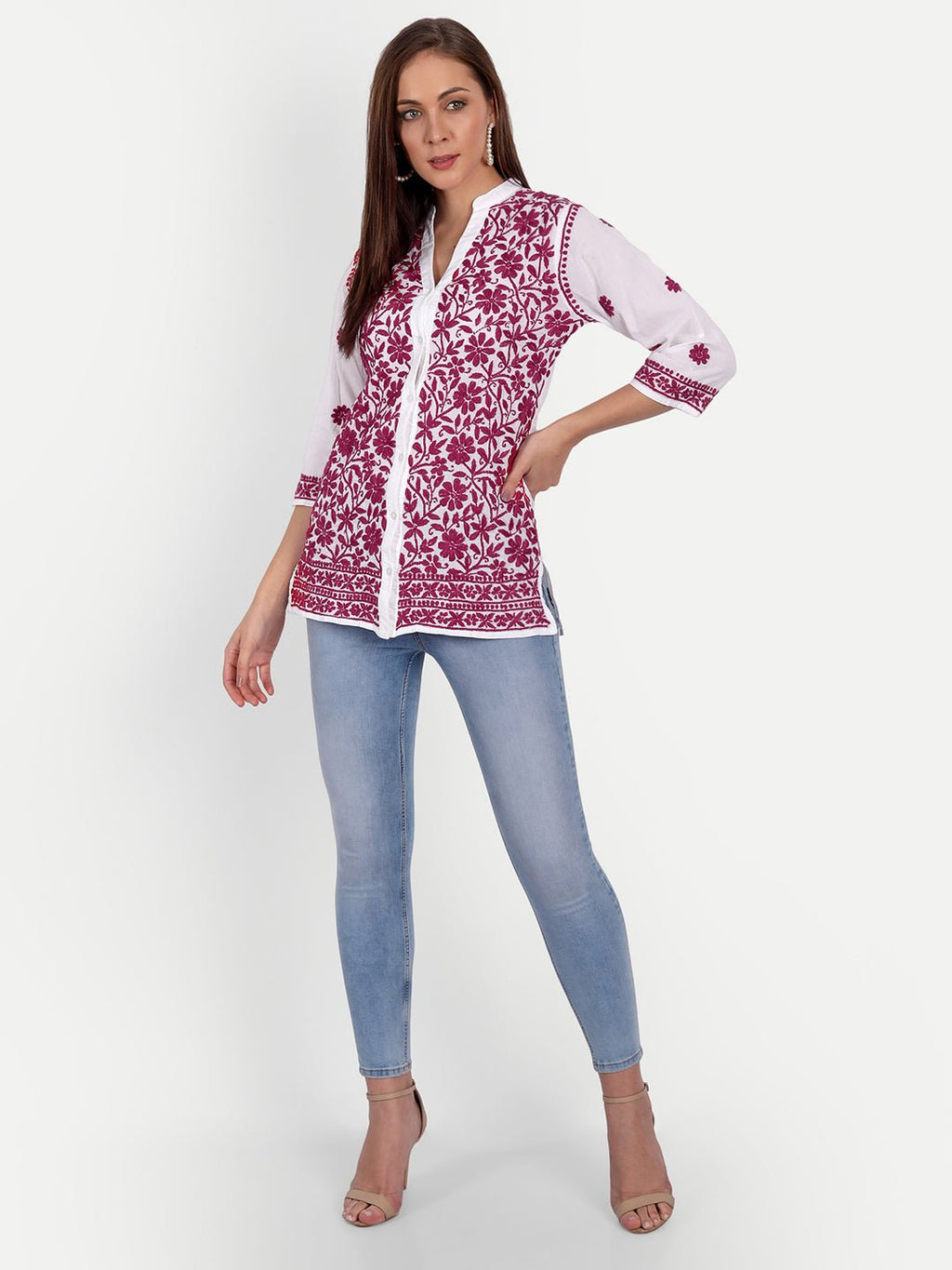 Lucknow Chikankari Hand Embroidered Top Cotton - Indiankala4u