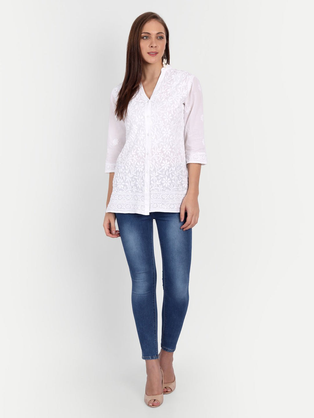 Lucknow Chikankari Hand Embroidered Top Cotton - Indiankala4u