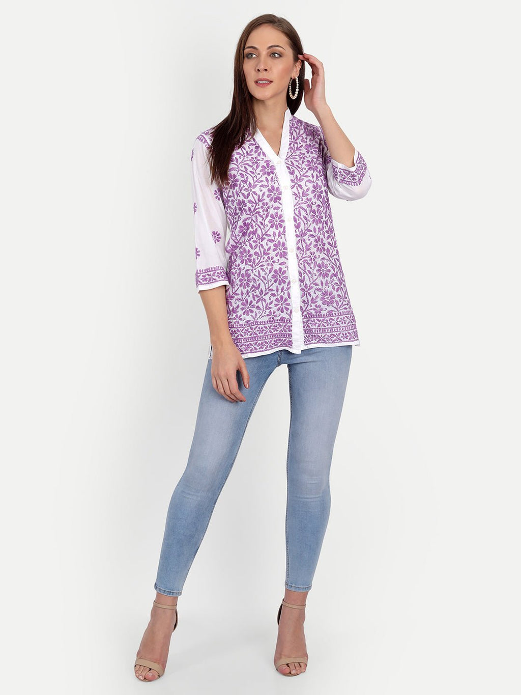 Lucknow Chikankari Hand Embroidered Top Cotton - Indiankala4u