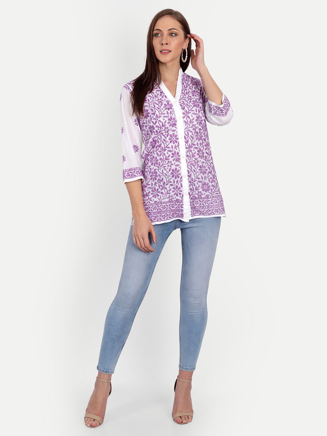 Lucknow Chikankari Hand Embroidered Top Cotton - Indiankala4u