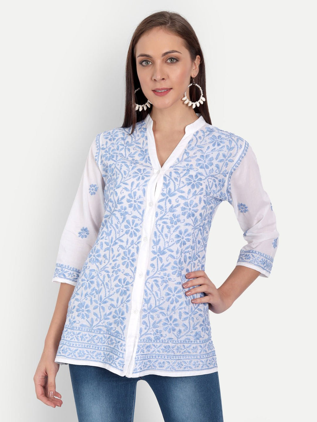 Lucknow Chikankari Hand Embroidered Top Cotton - Indiankala4u