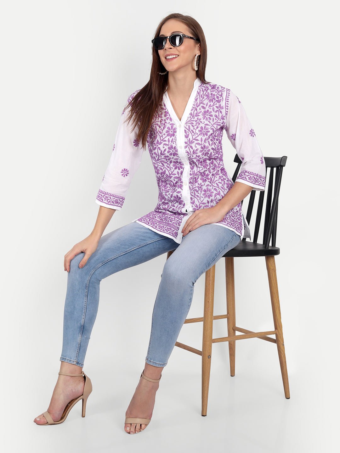 Lucknow Chikankari Hand Embroidered Top Cotton - Indiankala4u