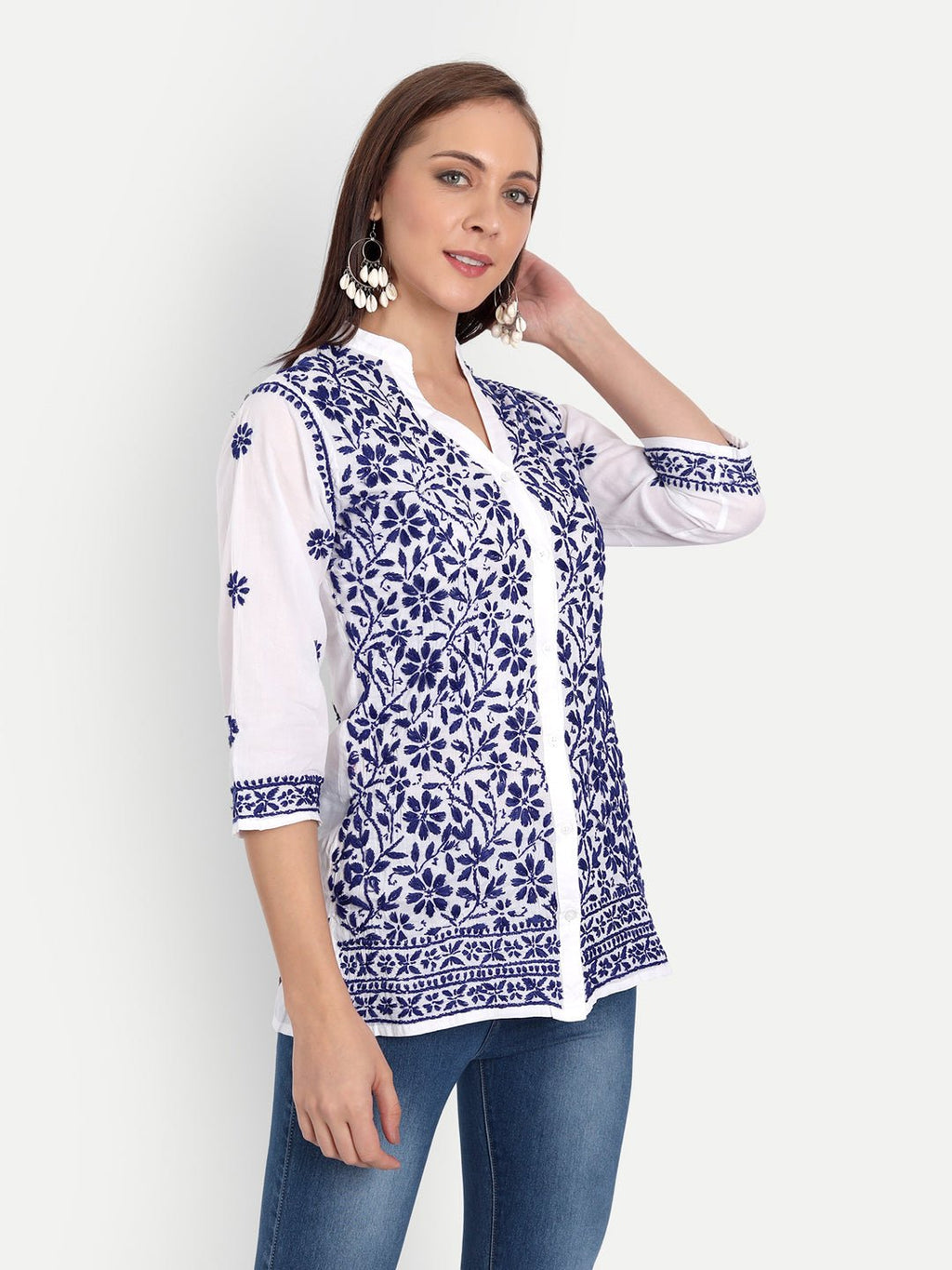 Lucknow Chikankari Hand Embroidered Top Cotton - Indiankala4u
