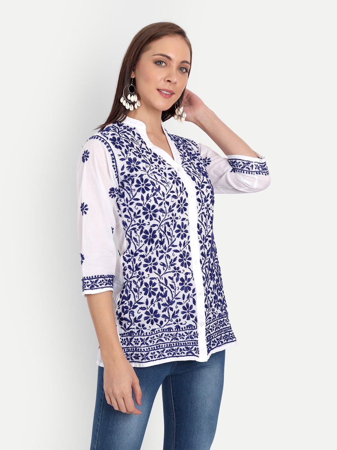 Lucknow Chikankari Hand Embroidered Top Cotton - Indiankala4u