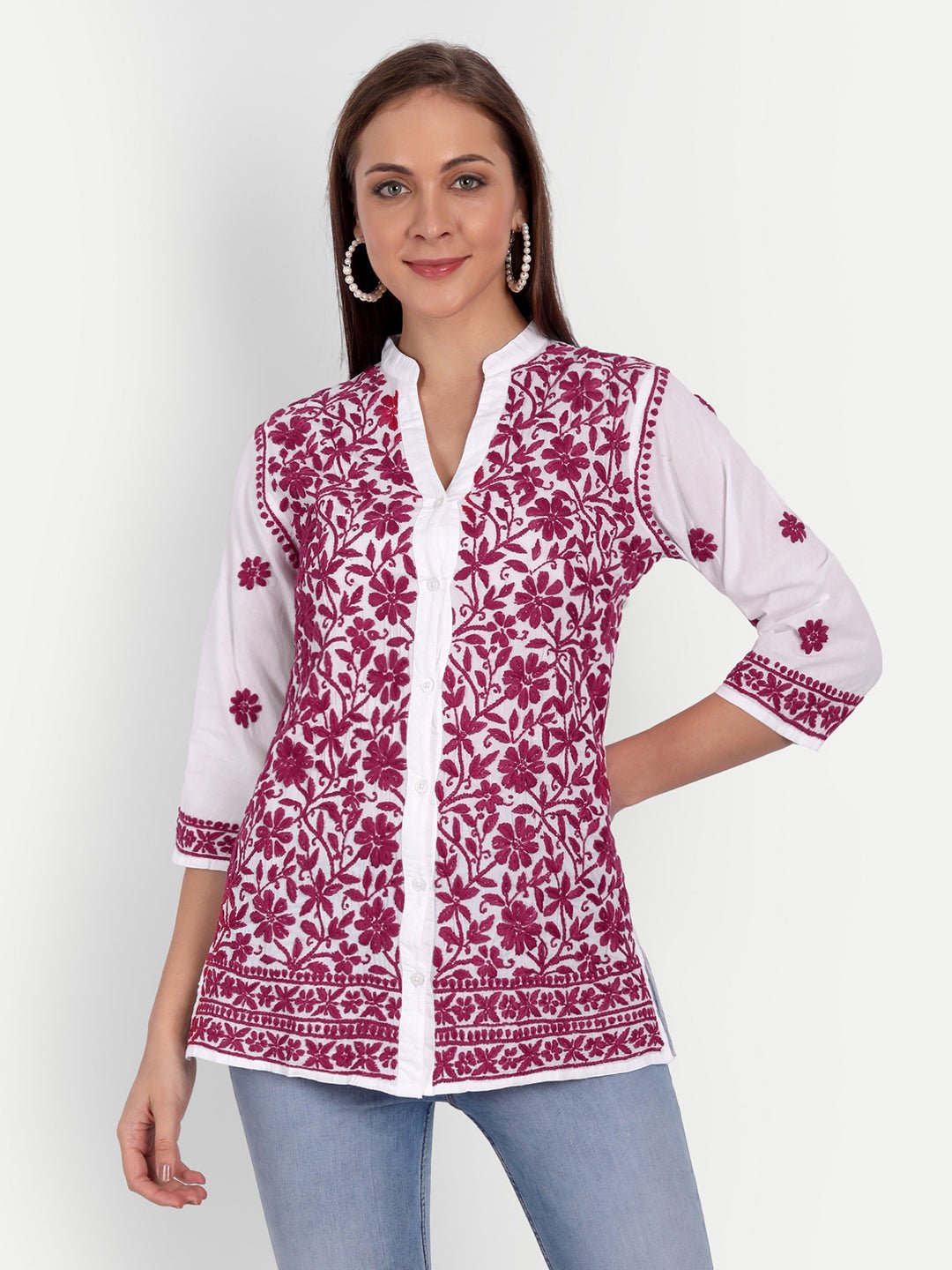 Lucknow Chikankari Hand Embroidered Top Cotton - Indiankala4u