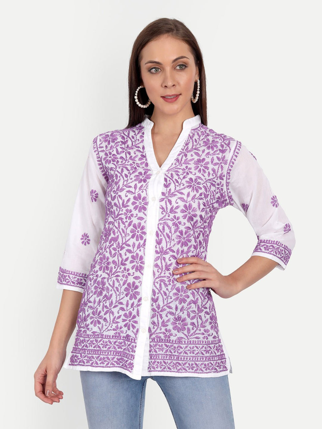 Lucknow Chikankari Hand Embroidered Top Cotton - Indiankala4u