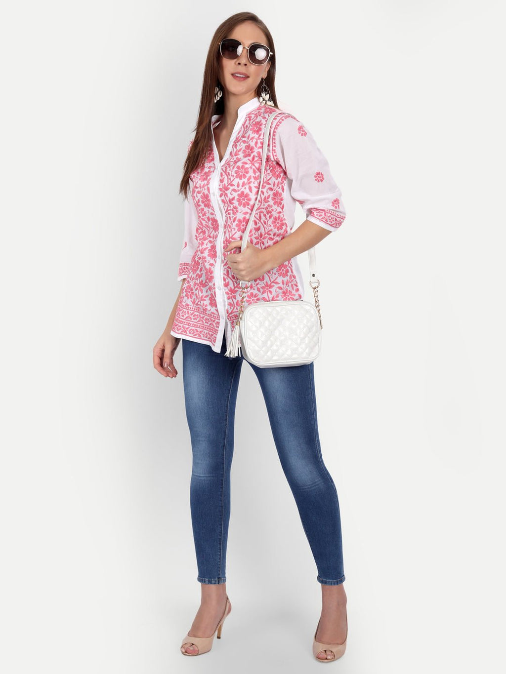 Lucknow Chikankari Hand Embroidered Top Cotton - Indiankala4u