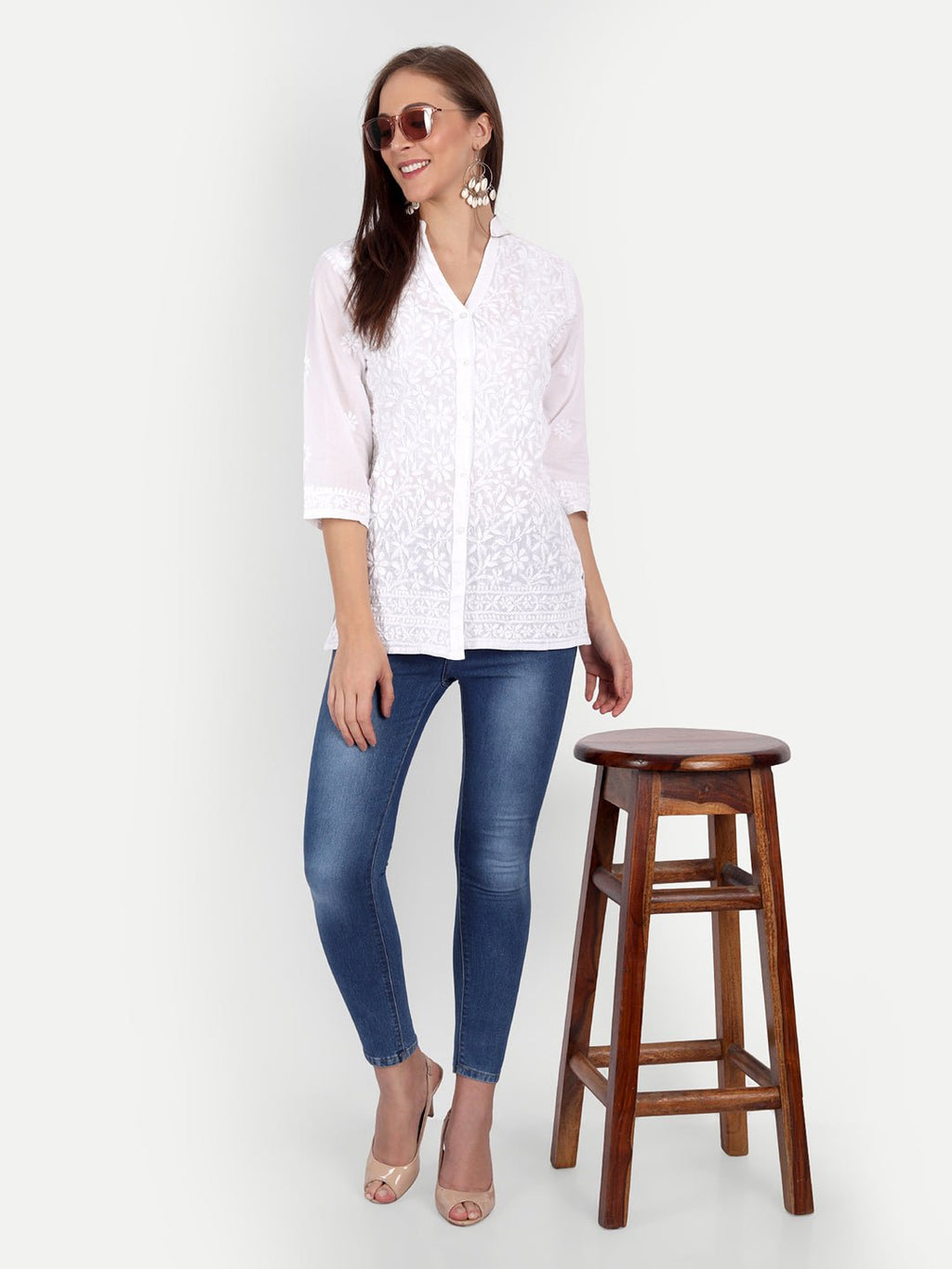 Lucknow Chikankari Hand Embroidered Top Cotton - Indiankala4u