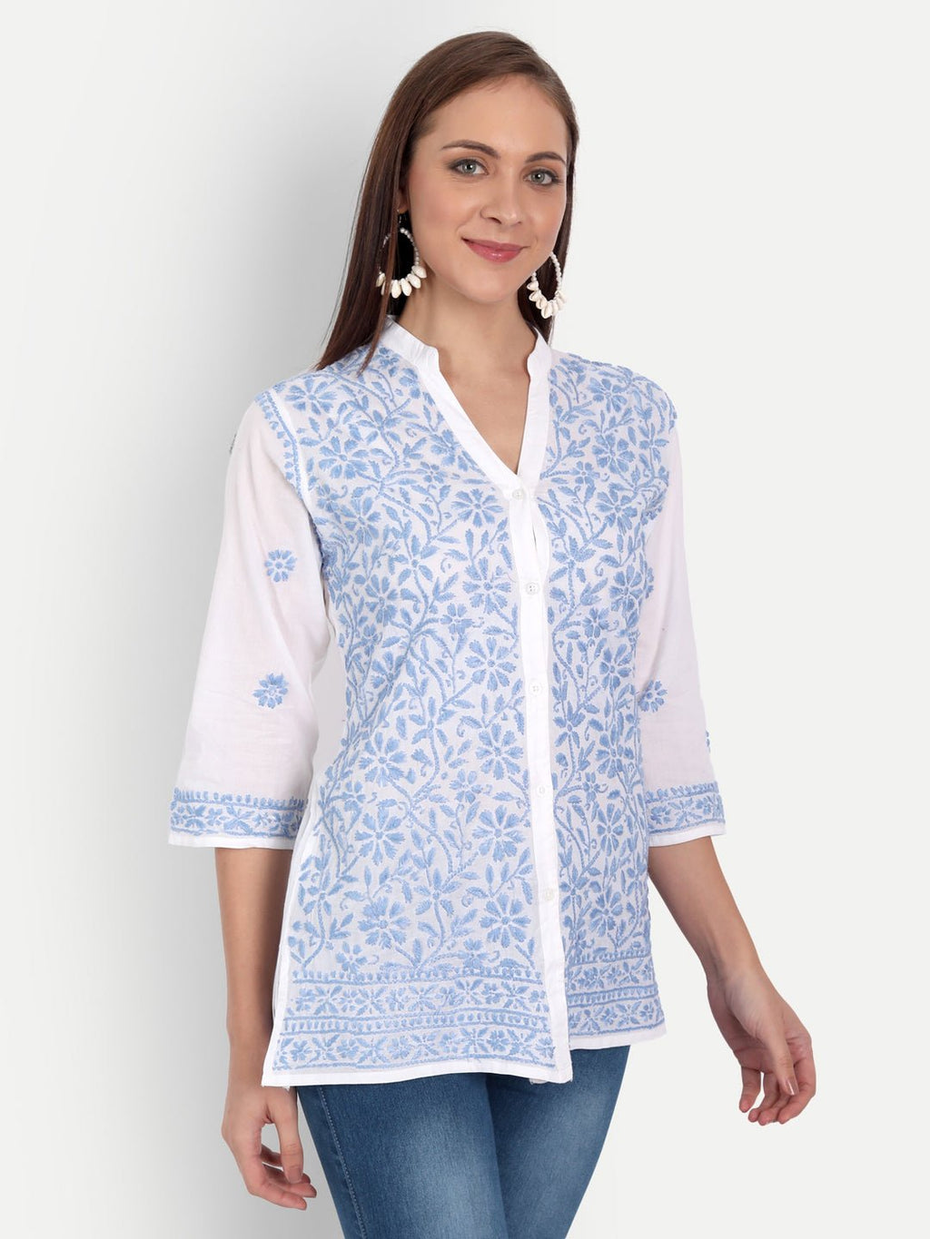 Lucknow Chikankari Hand Embroidered Top Cotton - Indiankala4u