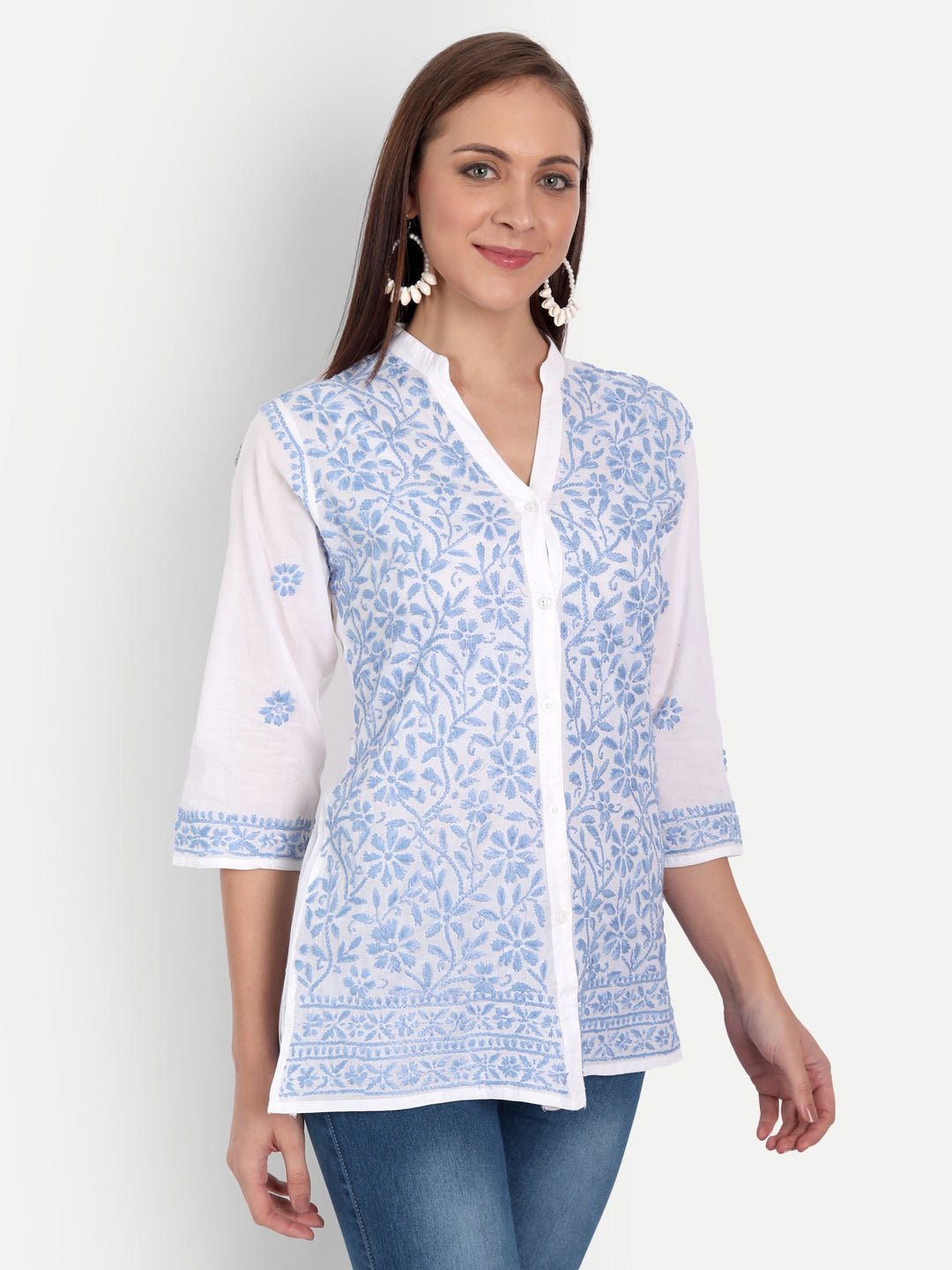 Lucknow Chikankari Hand Embroidered Top Cotton - Indiankala4u