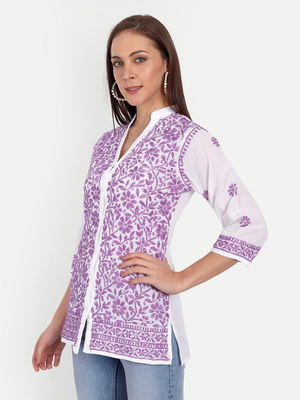Lucknow Chikankari Hand Embroidered Top Cotton - Indiankala4u