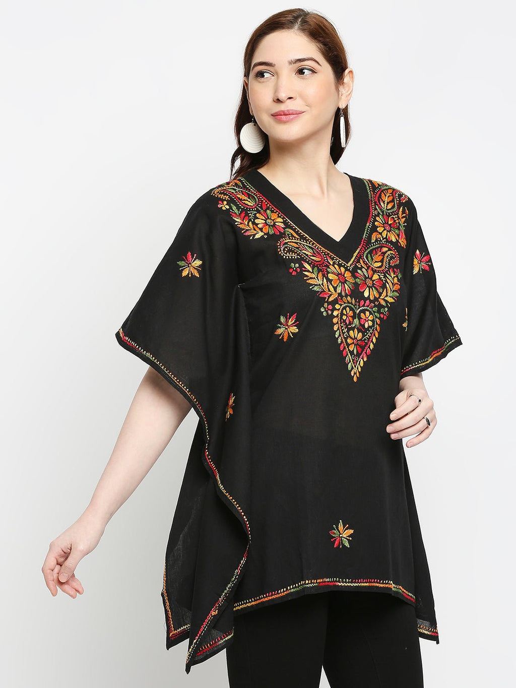 Lucknow Chikankari Hand Embroidered Top Cotton Kaftan - Indiankala4u