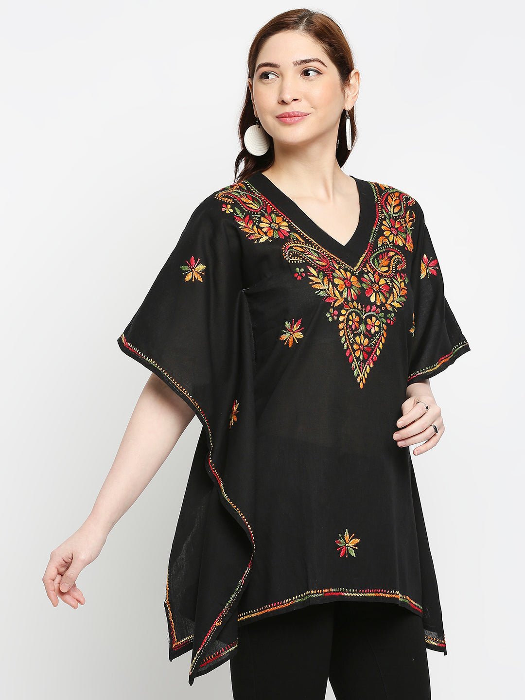 Lucknow Chikankari Hand Embroidered Top Cotton Kaftan - Indiankala4u