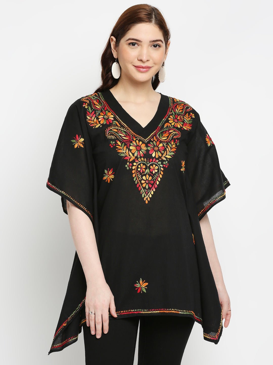 Lucknow Chikankari Hand Embroidered Top Cotton Kaftan - Indiankala4u