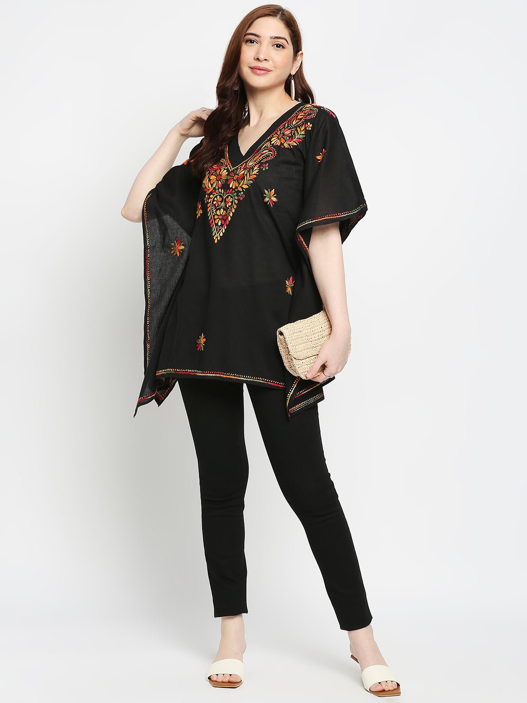 Lucknow Chikankari Hand Embroidered Top Cotton Kaftan - Indiankala4u