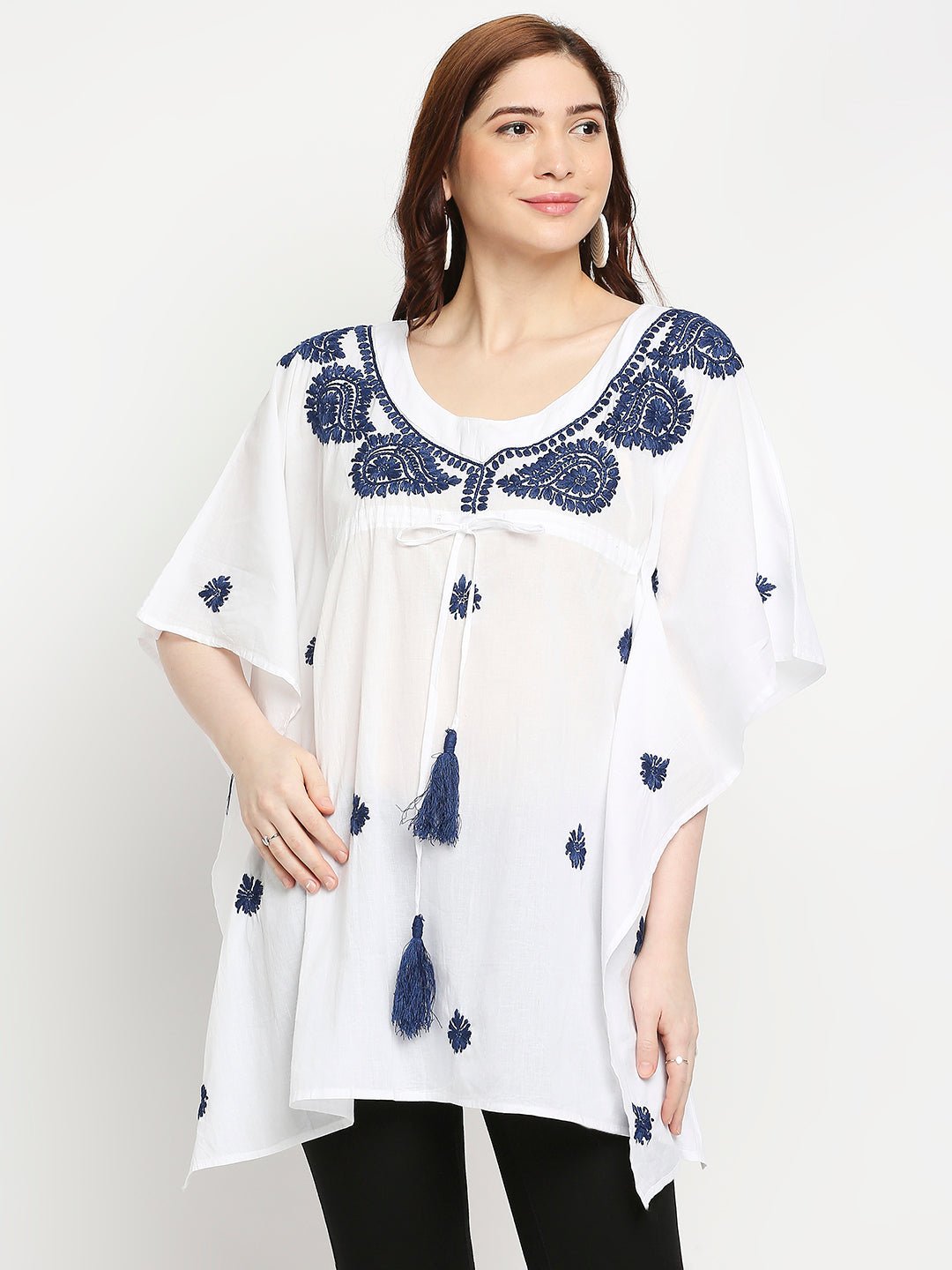 Lucknow Chikankari Hand Embroidered Top Cotton Kaftan Blue - Indiankala4u