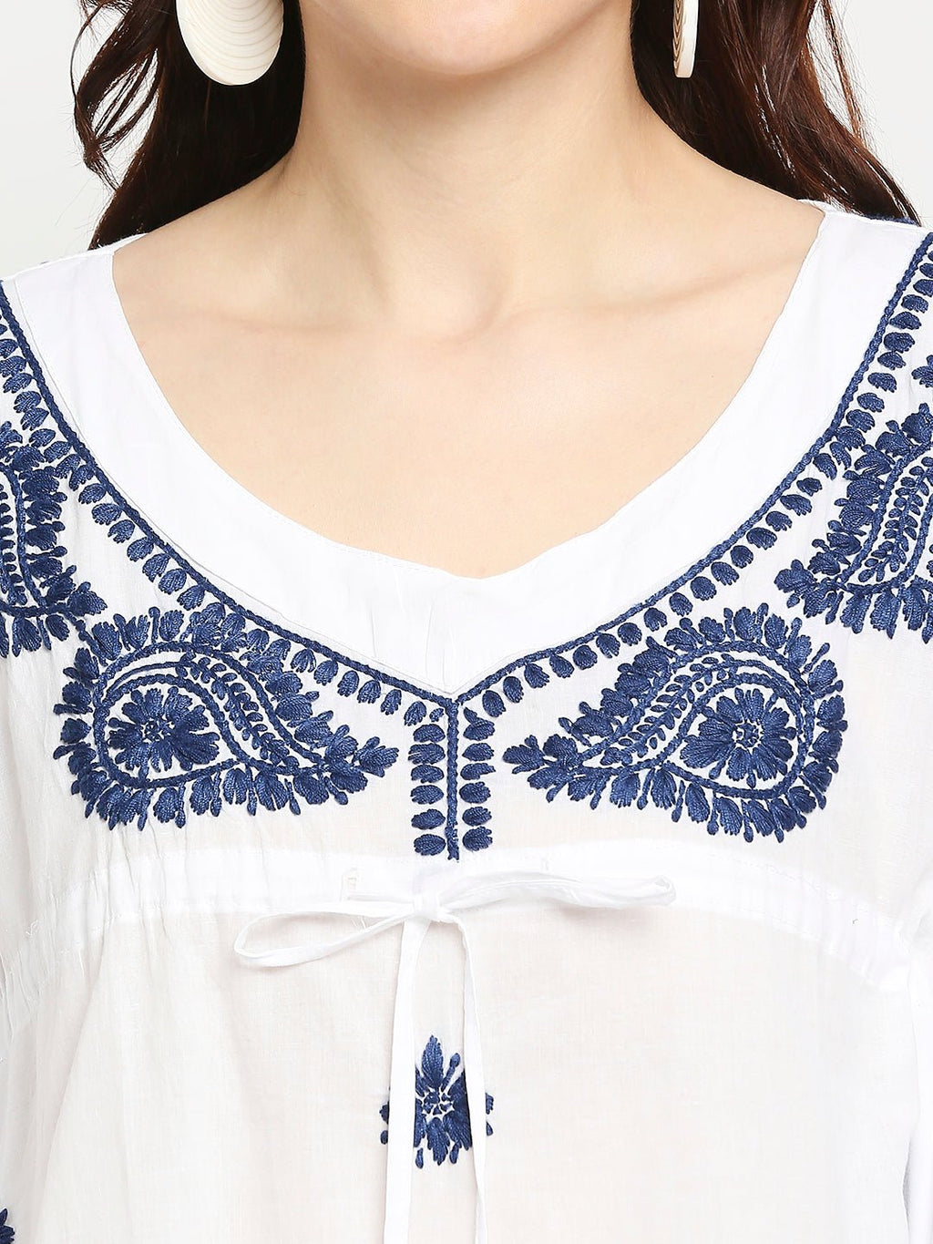 Lucknow Chikankari Hand Embroidered Top Cotton Kaftan Blue - Indiankala4u