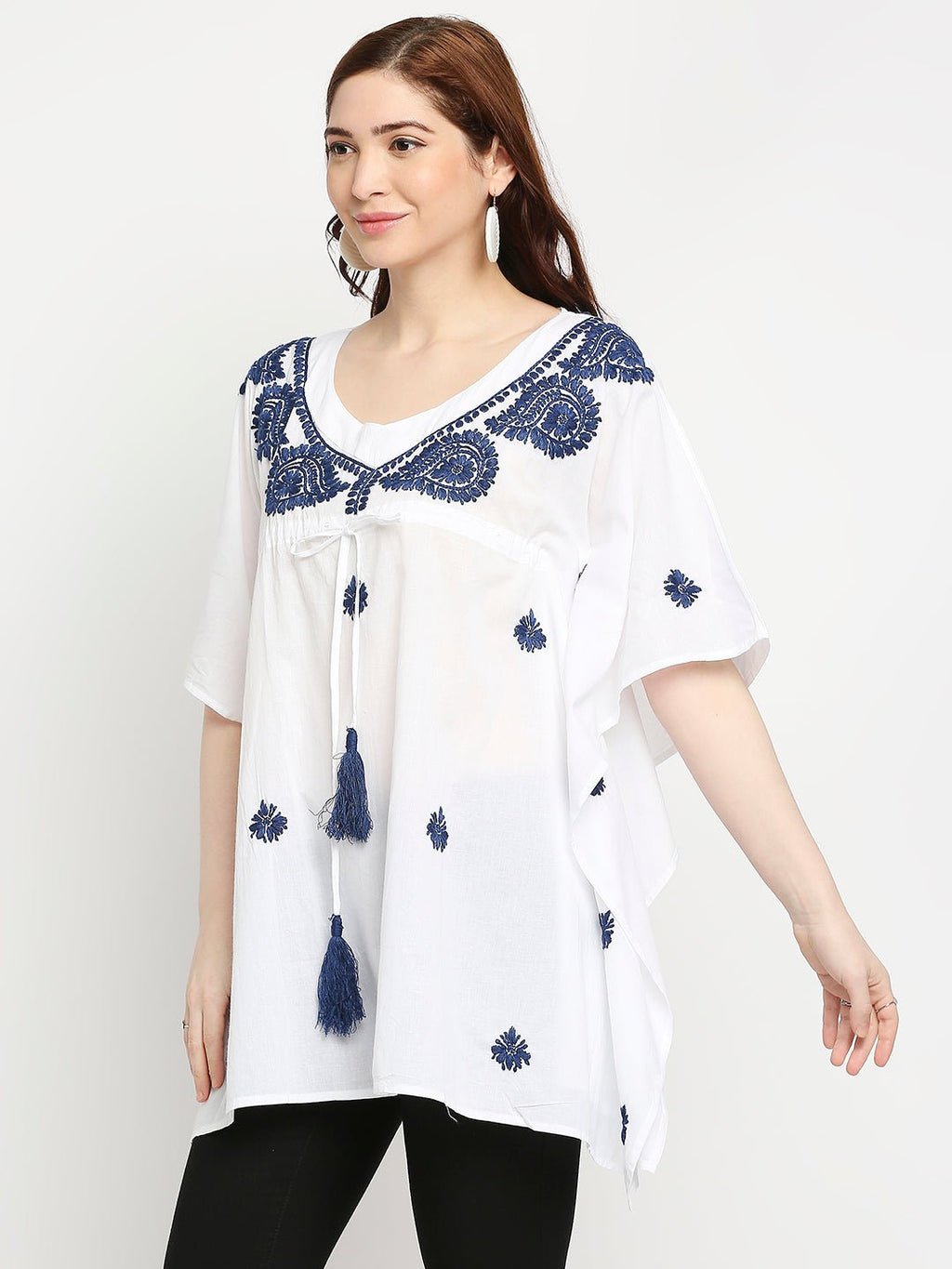 Lucknow Chikankari Hand Embroidered Top Cotton Kaftan Blue - Indiankala4u