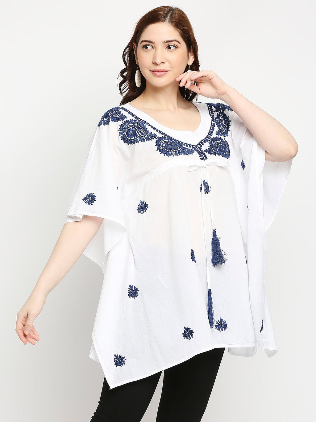 Lucknow Chikankari Hand Embroidered Top Cotton Kaftan Blue - Indiankala4u