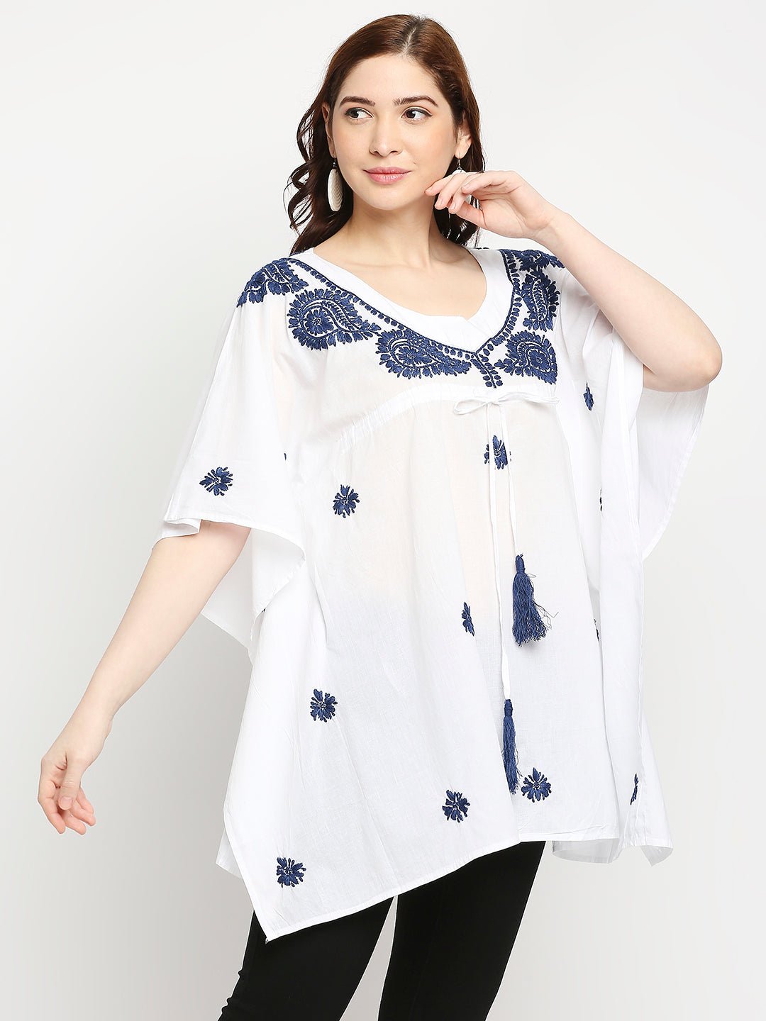 Lucknow Chikankari Hand Embroidered Top Cotton Kaftan Blue - Indiankala4u