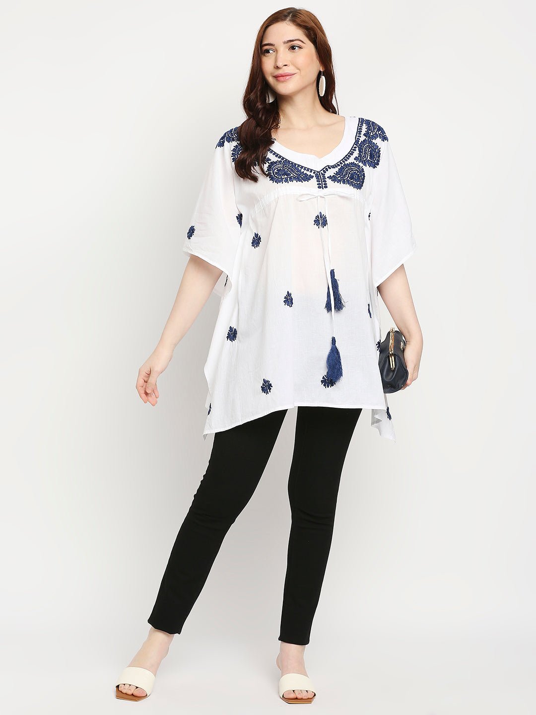 Lucknow Chikankari Hand Embroidered Top Cotton Kaftan Blue - Indiankala4u