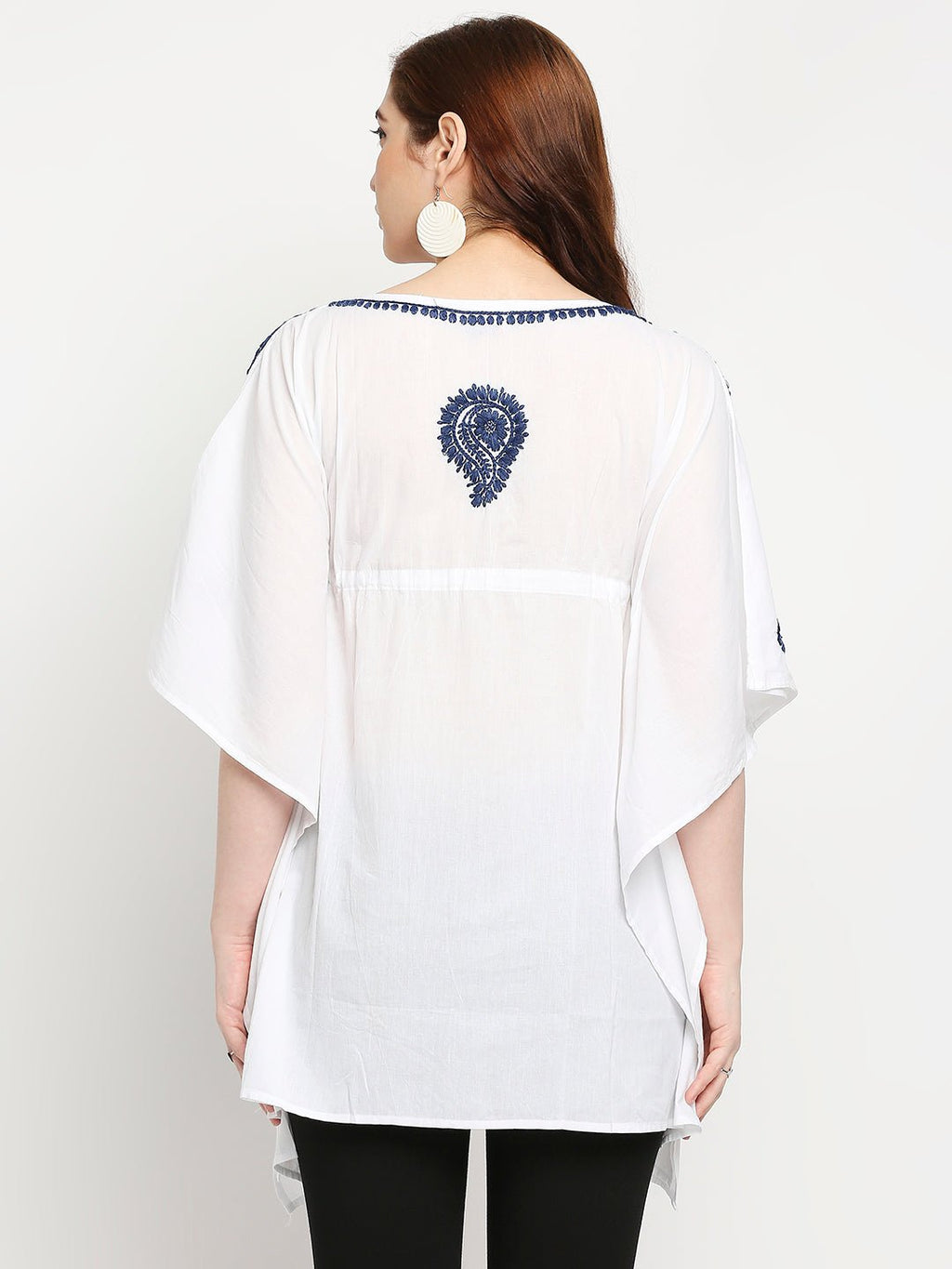 Lucknow Chikankari Hand Embroidered Top Cotton Kaftan Blue - Indiankala4u
