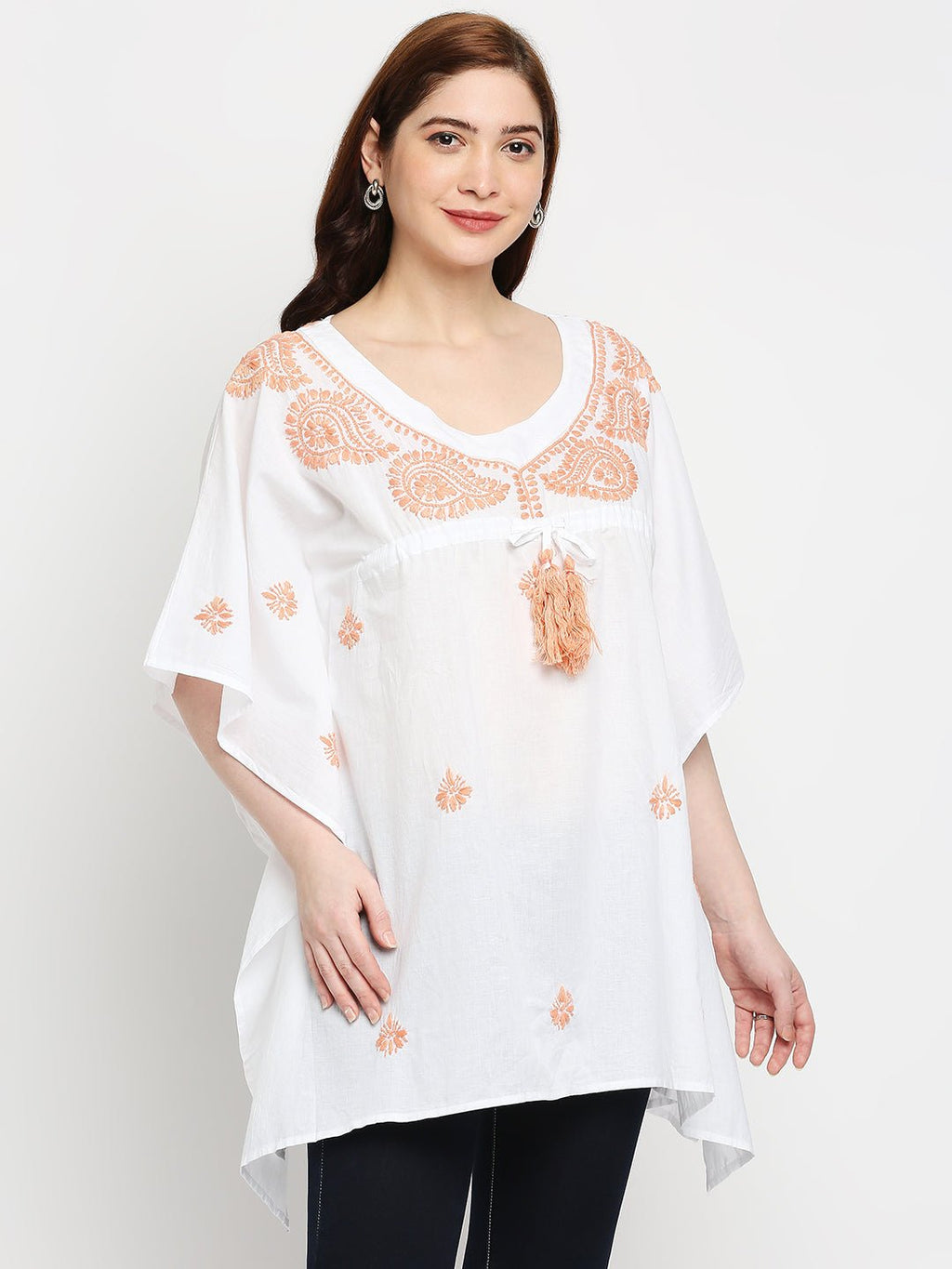 Lucknow Chikankari Hand Embroidered Top Cotton Kaftan Peach - Indiankala4u