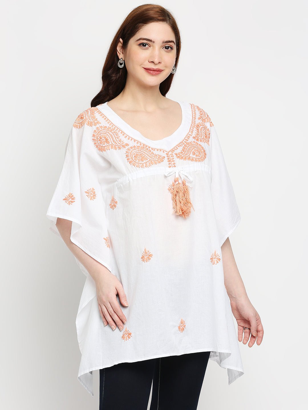 Lucknow Chikankari Hand Embroidered Top Cotton Kaftan Peach - Indiankala4u