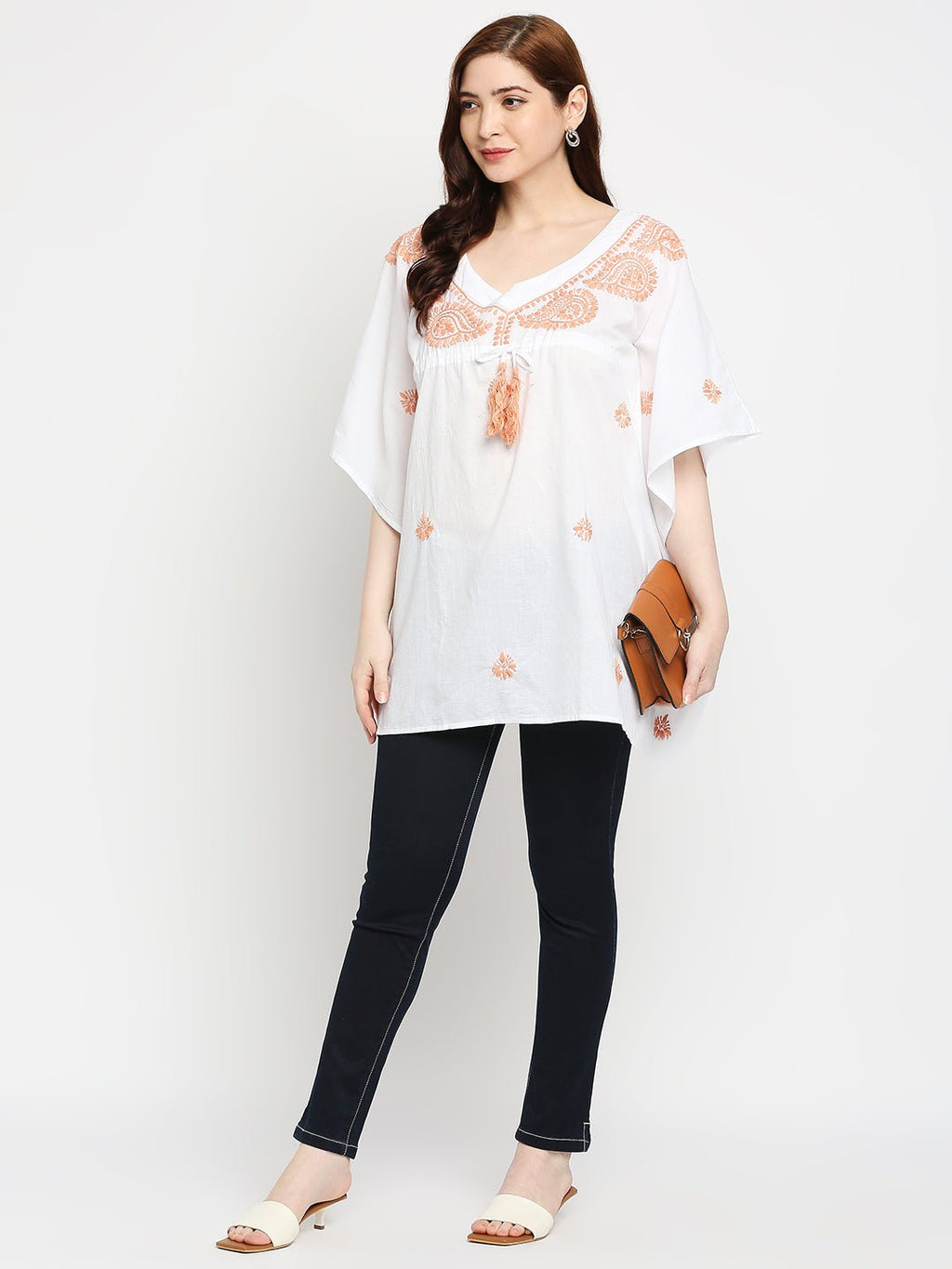 Lucknow Chikankari Hand Embroidered Top Cotton Kaftan Peach - Indiankala4u