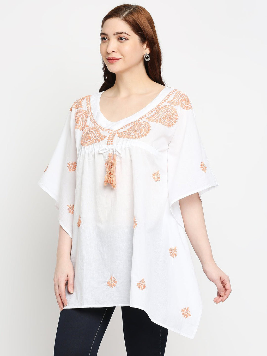 Lucknow Chikankari Hand Embroidered Top Cotton Kaftan Peach - Indiankala4u