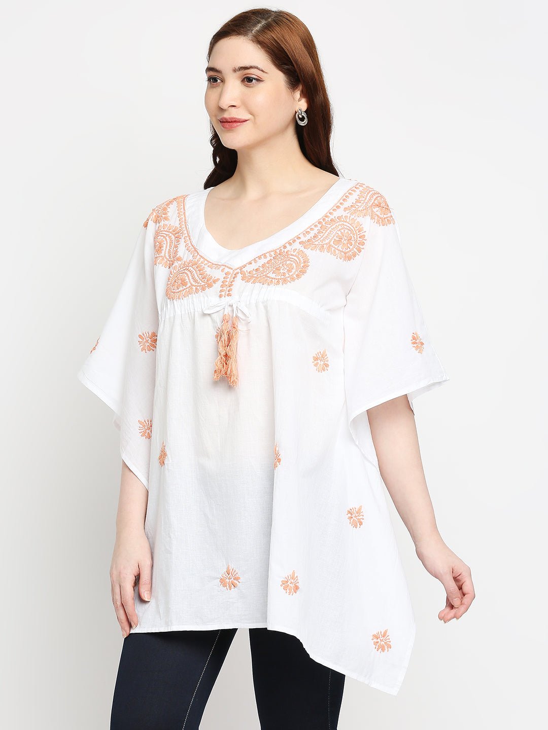 Lucknow Chikankari Hand Embroidered Top Cotton Kaftan Peach - Indiankala4u