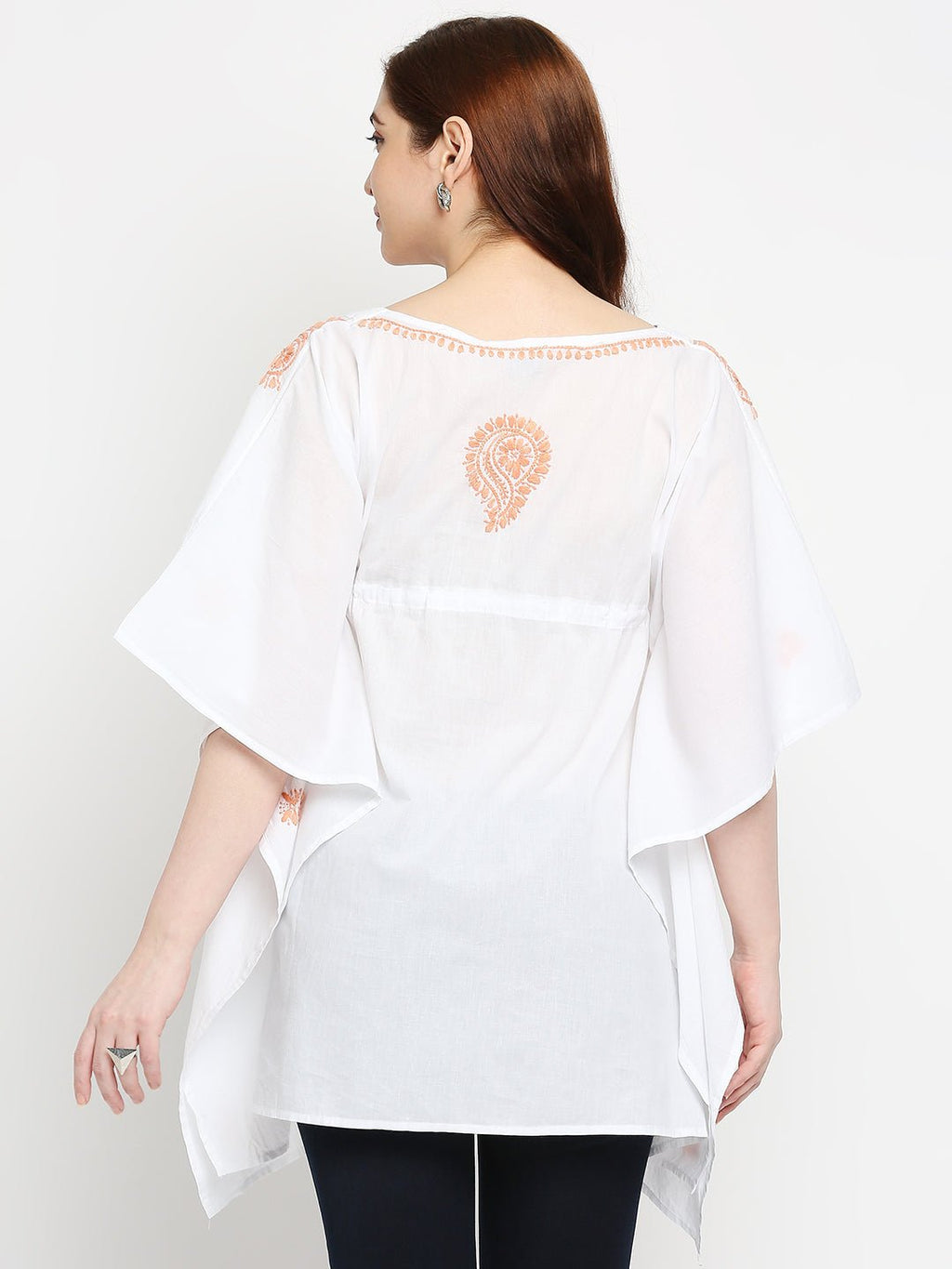 Lucknow Chikankari Hand Embroidered Top Cotton Kaftan Peach - Indiankala4u